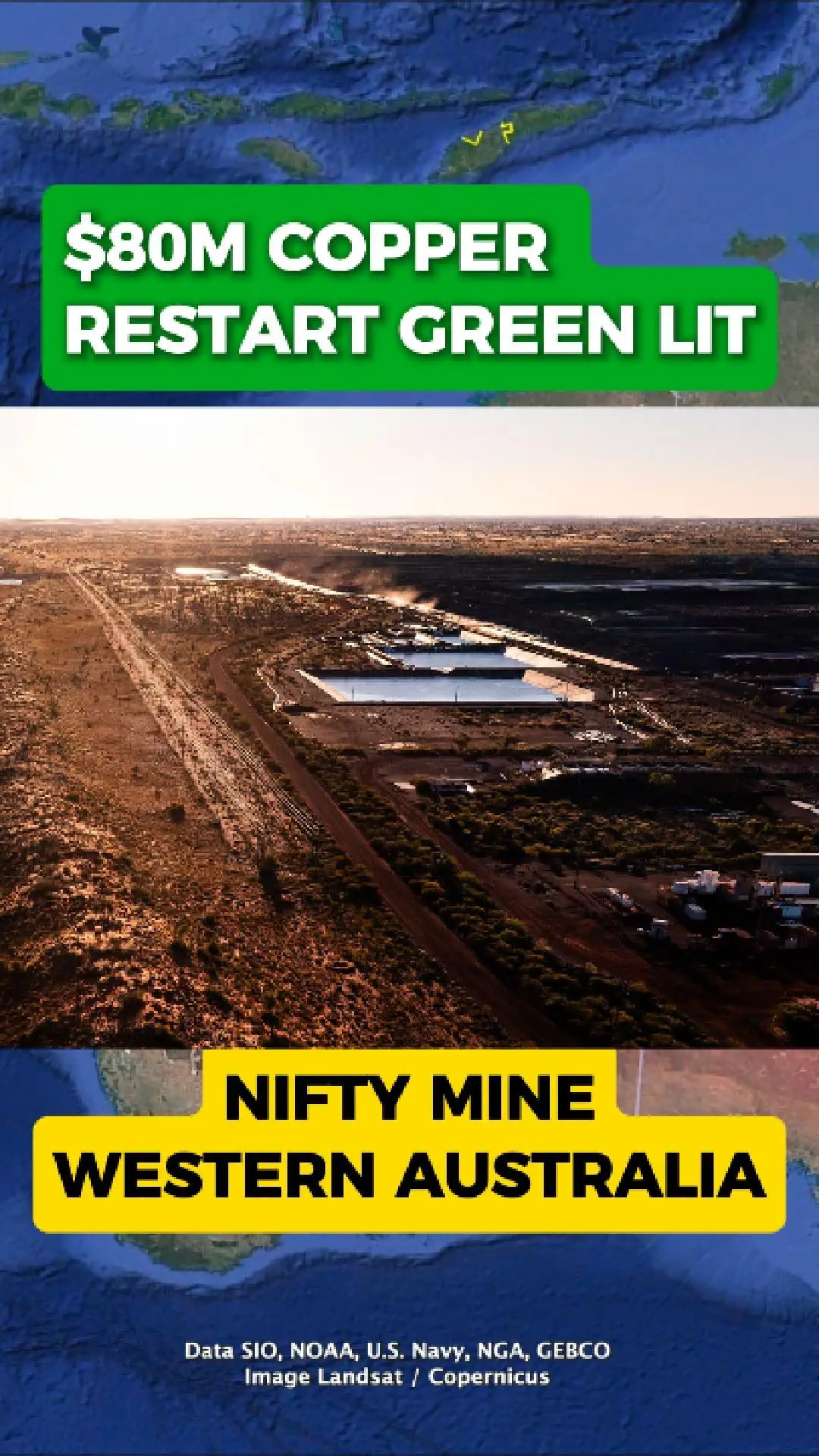 Nifty Copper Mine restart gets the go-ahead

Cyprium Metals says the Nifty copper mine — about 350km southeast of Port Hedland — is moving from “idle” toward a restart after receiving the green light to resume copper production.

Phase one: jobs first

Cyprium says the initial restart phase is expected to create 70+ permanent jobs and around 80 construction roles, as the site ramps back up.

Glencore steps in as backer and buyer

The restart is supported by Glencore, with Cyprium stating it has a $40 million facility in place and an offtake deal — meaning Glencore is lined up to buy the copper product under agreed terms.

What happens next

With approvals in place and funding/offtake support locked in, the focus now turns to execution: getting the site ready, restarting production, and proving the operation can run smoothly before any larger-scale expansion plans.

Credits: Map imagery  Google. Photo credit: Cyprium Metals.